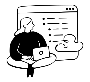 Lady sitting with laptop and web-screen in background